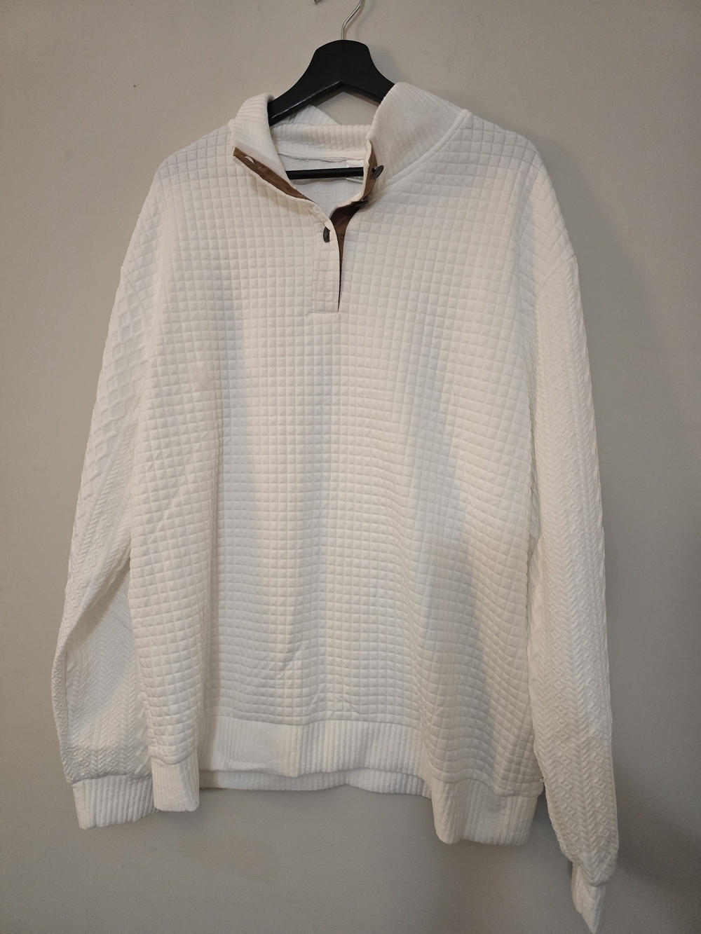 Men's White Quarter-Button Textured Sweater With Pathwork Elbows